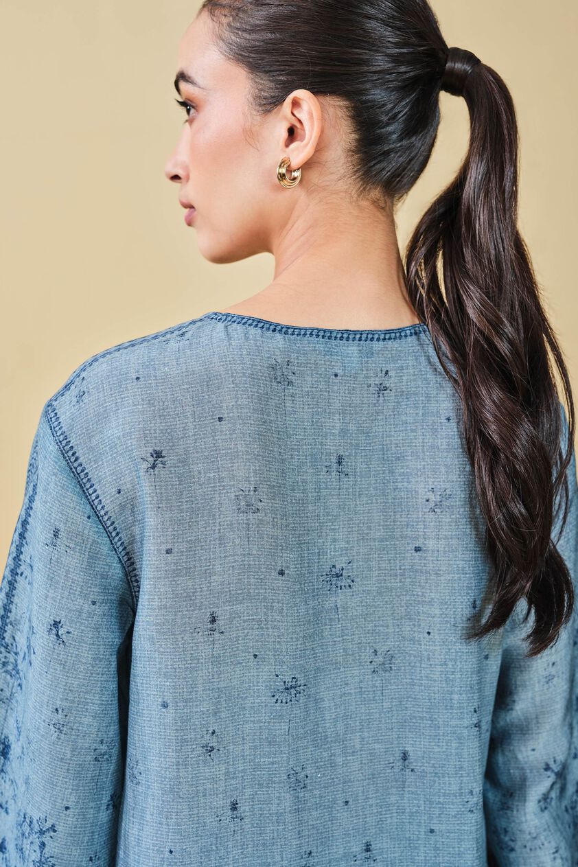 Pond Printed Linen Kurta Set  - Blue, Blue, image 10